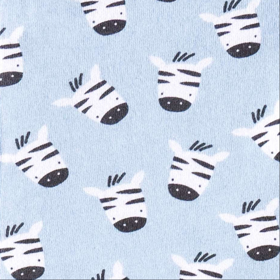 The Baby Blue Zebras ZippySuit. The perfect baby grow has a 2-way zip for quick and easy changes, foldable mitts and foldable feet pouches.